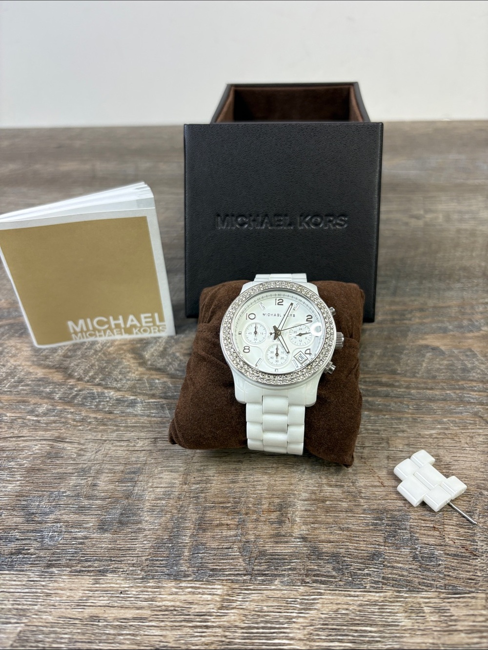 Michael Kors Runway MK5188 White Ceramic Glitz Chronograph Watch Crystal Bezel